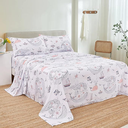 JSD Mermaid Girls Sheet Set Twin Size, 3 Piece Ocean Theme Microfiber Kids Bed Sheets Deep Pocket