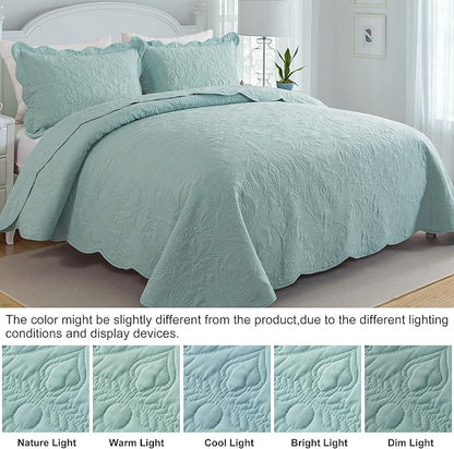 HoneiLife Quilt Set Queen Size - 3 Pieces Queen Quilt Bedding Set Microfiber Quilt Sets Lightweight Bedspreads Reversible Coverlets Retro Bed Cover Floral Bedding Set All Season Quilts-Sage Green