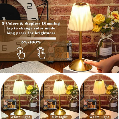 Liliful 1 Pcs Cordless Table Lamp Rechargeable Touch LED Small Gold Portable Battery Operated USB-c Desk Lamp 3 Color Dimmable for Bedroom Living Room Dining (Gold,Beige Cloth Style)