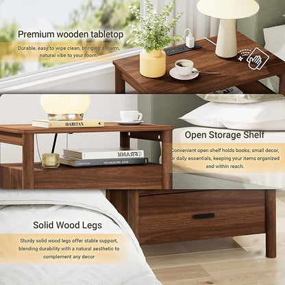 FavourLife Night Stand, 23" Wide Nightstand, Modern Nightstand with Charging Station, 2 Drawer Wooden End Table with Solid Round Post Legs & Open Shelf, Bedside Table w/Storage for Bedroom, Walnut