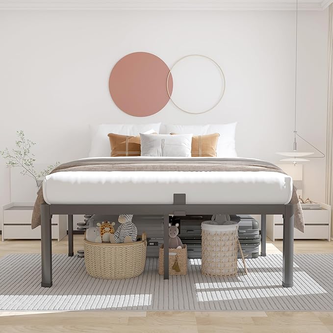 ROIL 20 Inch Full Size Bed Frame with Rounded Corner and Headboard Hole Mattress Retainers 3500LBS Metal Heavy Duty Steel Slats No Box Spring Needed Platform Noise-Free Easy Assembly