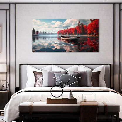 Large Wall Art for Living Room Bedroom Office Red Forest Wall Art Lake Landscape Pictures Modern Artwork Framed Canvas Prints 29x59 Inch