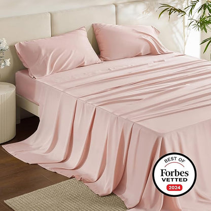 Bedsure King Size Sheets Set, Cooling Sheets for Hot Sleepers, Rayon Derived from Bamboo, Breathable & Soft, Deep Pocket Up to 16 Inches, Hotel Luxury Silky Bedding, Pink