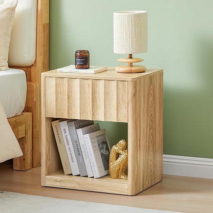 Fluted Dresser, Small Nightstands Set of 2, Natural Bedside Table with Drawer and Storage, Mid Century Modern Side Table for Bedroom Sofa