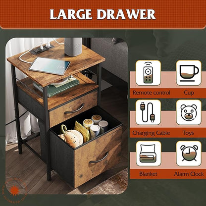 WLIVE Night Stand Set 2, Nightstand with Charging Station, Bedside Tables for Bedroom, Side Table with Fabric Drawers, USB Ports and Outlets, Rustic Brown