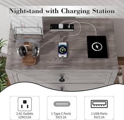 COWMOU Nightstand with Drawers 3 Drawer Night Stand with Charging Station Farmhouse Style Large Bed Side Table Wooden Dresser for Bedroom Living Room (1, Grey Grain)