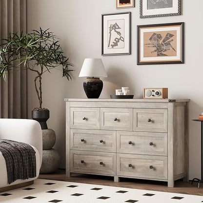 Dresser for Bedroom with 7 Drawers, Farmhouse Wood Chest of Drawers, Wide TV Stand Closet Storage Furniture with Metal Handle, Modern Clothes Organizer for Hallway, Living Room, Entryway, Light Grey