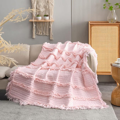 Ultra Soft Pre-Washed Quilted Throw Blanket, Ruffle Fringed Pink Boho Decorative Throw, Stone Washed Chic Rustic Blanket for Sofa Couch Bed Chair, 50"x 60"
