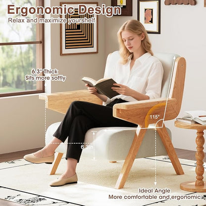 Accent Chair Mid Century Modern Chair, Velvet Upholstered Lounge Arm Chair with Solid Wood, Cozy Reading Chair for Living Room, Bedroom, Balcony(White)