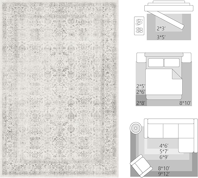 FMFUNCTEX 6x9 Washable Area Rug Grey Vintage Neutral Distressed Large Non Slip Carpet for Living Room Bedroom Soft Low Pile Indoor Mat Retro Floral Throw Rug for Dining Room Kitchen Office Nursery