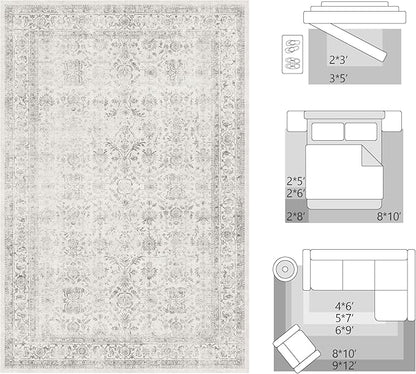 FMFUNCTEX 4x6 Washable Area Rug Grey Neutral Vintage Non Slip Low Pile Traditional Indoor Carpet for Entryway Living Room Bedroom Soft Retro Floral Mat Throw Rug for Dining Office Kitchen Entryway