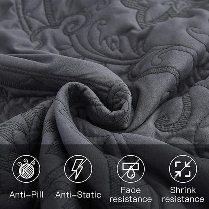 CHIXIN Bedspread Coverlet Quilt Set Full Size - Lightweight Bedding Cover - Beautiful Stitching - 5 Piece Reversible Bedspread - Gorgeous Damask Paisley Pattern (Full, Dark Grey)