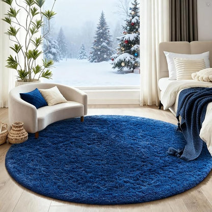 Ophanie Round Rug 5Ft Blue Circle Area Rug, Boys Room Decor, Fluffy Fuzzy Bedroom Carpet, Plush Soft Shaggy Living Room Rugs for Kids Home Decor Aesthetic, Nursery