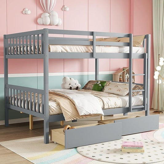 Full Over Full Bunk Bed with Storage Drawers,Convertible Bunk Beds with Ladder & Safety Guardrails,Full Size Bunk Beds for Kids Girls Boys,Grey