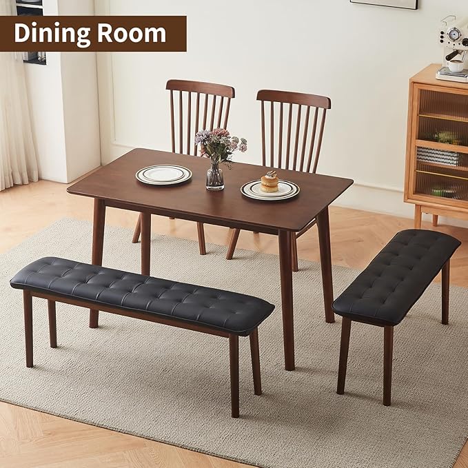 47'' Solid Wood Dining Bench with Cushion, Faux Leather Upholstered Bench for Dining Room Table, Kitchen, Entryway, or Bedroom End of Bed, Black