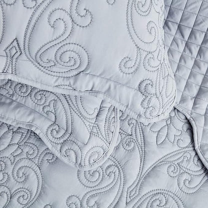 CHIXIN Oversized Bedspread Coverlet Set King Size - Lightweight Bedding Cover - Beautiful Stitching - 5 Piece Reversible Bedspread - Luxury Damask Paisley Pattern (King, Light Grey)