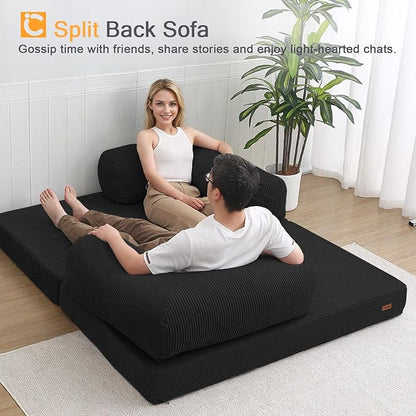 COMAX Folding Sofa Bed Queen 4-in-1 Foldable Floor Couch Convertible Futon Sofa with Armrests Black - Sleeper Mattress Chair Bed Comfy Portable Fold Out Lounge Guest for Living Room Bedroom