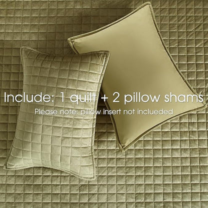 Powdion Velvet Quilt King,Luxurious King Size Quilt Bedding Set 3 Pieces Soft Lightweight Bedspreads Coverlet for All Seasons with 2 Pillow Shams,90x104 Vintage Olive Green Quilt King