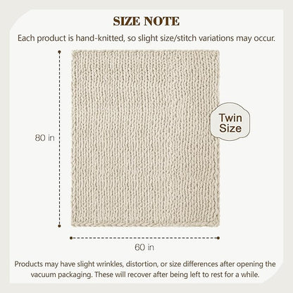 Carriediosa Chunky Knit Throw Blanket 60" X 80" Twin, 100% Hand Made Large Chenille Loop Yarn Soft Fluffy Throws for Couch Sofa Bed, Big Crochet Cozy Heavy Thick Cable Woven Blanket, Light Beige