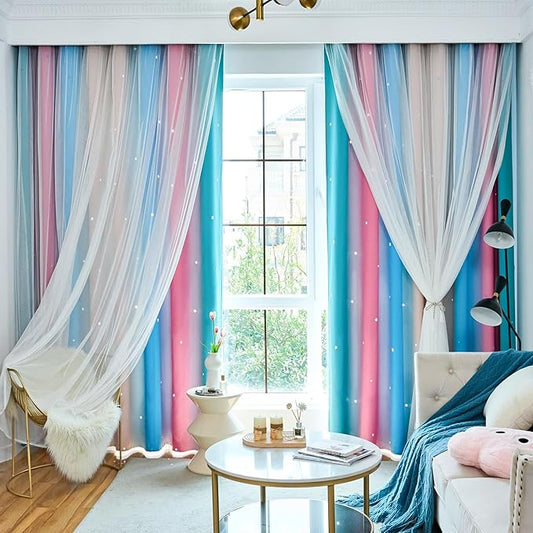 Star Blackout Curtains for Bedroom - Cute Kids Rainbow Curtains, 84 Inch Long 2 Panels, Beige & Blue & Pink, 42 x 84 Inch