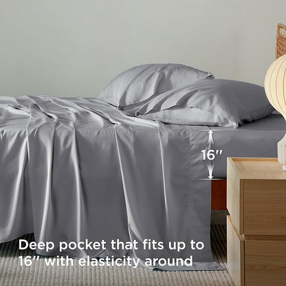 Bedsure California King Sheet Sets, Cooling Sheets, Rayon Derived from Bamboo, Breathable & Soft, Deep Pocket Up to 16 Inches, Hotel Luxury Silky Bedding for Hot Sleepers, Silver Grey