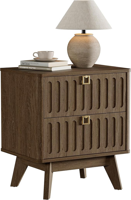 SICOTAS Modern Fluted Nightstand with 2 Drawers, 21" Wide Wood Bedside Table with Gold Handle, Mid-Century End Table for Bedroom, Apartment