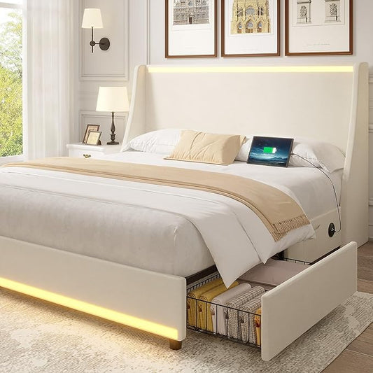 VECELO Queen Size Bed Frame with Storage Drawers, Upholstered Platform Bedframe with Wingback Headboard, No Box Spring Needed, Beige