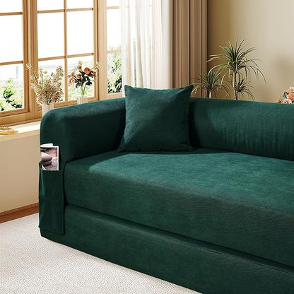 Convertible Futon Sofa Bed,80" Folding Pull Out Couch Bed with Storage,Queen Sleeper Sofa Bed,Compressed Couch in a Box,Corduroy Boneless Couches for Living Room,Deep Green