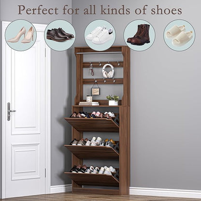 Shoe Cabinet with 3 Flip Drawers & Coat Rack, Narrow Hidden Shoe Storage Cabinet, 2-in-1 Hall Tree Slim Freestanding Shoe Rack Organizer for Entryway, Hallway, and Living Room