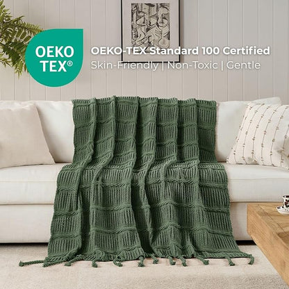 Boho Knitted Chenille Blanket with Tassels - Lightweight & Soft All-Season Throw - 3D Classic Pattern for Living Room Bedroom Couch, Imperial Green, Throw 50"x60"