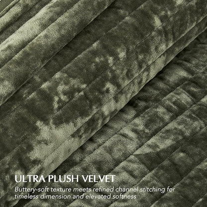 EVERGRACE Velvet Quilt Set California King 118'' x 106'', Luxurious Soft Striped Channel Bedding Set, Lightweight Velvet Comforter for All Season, Oversized Bedspread Coverlet w/ 2 Shams, Olive Green