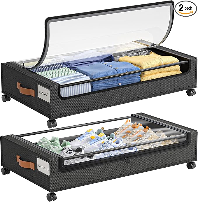 LAMU Under Bed Storage with Wheels, 2 Pack Under Bed Storage Containers with Clear Lid, XXL 60L Underbed Storage Bins, Rolling Under Bed Metal Drawers for Clothes, Blankets, Shoes, Black