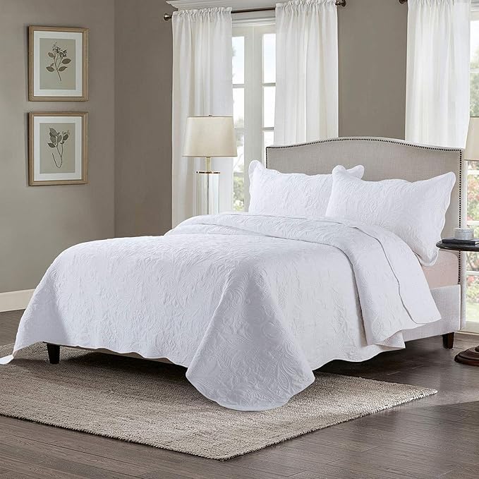 HoneiLife Quilt Set Queen Size - 3 Piece Embroidered Microfiber Bedspread Reversible Coverlet Lightweight Bedcover Paisley Pattern Bedding Set All Season Quilts-White
