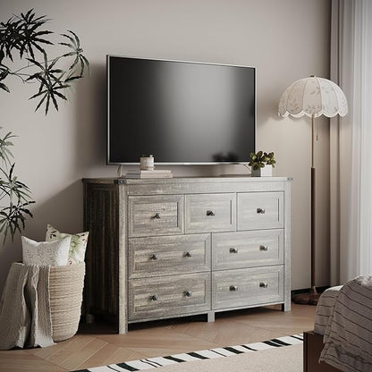 Dresser for Bedroom with 7 Drawers, Farmhouse Wood Chest of Drawers, Wide TV Stand Closet Storage Furniture with Metal Handle, Modern Wooden Clothes Organizer for Hallway, Living Room, Entryway, Grey