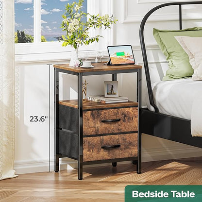 Huuger Nightstands Set of 2, End Tables with Charging Station, Fabric Drawers, Bedside Tables with USB Ports and Outlets, Night Stands for Bedroom, Rustic Brown