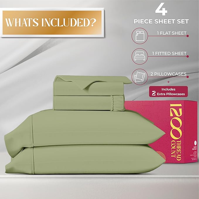Mayfair Linen 100% Egyptian Cotton Sheets California King Size - 1200 Thread Count 4 PC Cal King Sheets Egyptian Cotton, Cooling Sateen Sheet, High Thread Count Sheet California King - Sage Green