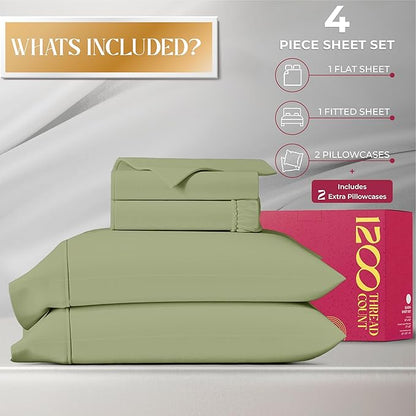 Mayfair Linen 100% Egyptian Cotton Queen Sheet set - Luxury 1200 High Thread Count Egyptian Cotton Sheets Queen Size (4 PC, Sage Green), Silky Soft, Cooling, 17" Deep Pocket Sateen Weave Hotel Bedding