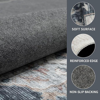 8x10 Vintage Washable Area Rug for Living Room,Low Pile Non Slip Carpet Non-Shedding Large Area Rug Soft Indoor Stain Resistant Rug Floral Print Mat for Bedroom Dining Room Blue Beige