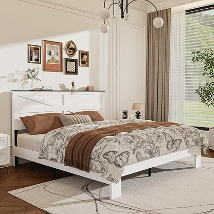 King Size Farmhouse Wooden Bed Frame with Headboard, Boho Platform Bedframe Sturdy Metal Slats Support, Spring Needed, Noisy Free, Easy Assembly (King, White)