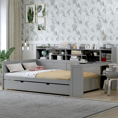Merax Full Size Corner Bed Frames with Desk and Trundle & Storage Shelves Headboard, Pinewood U-Shaped Captain Daybed for Small Room, Bedroom, Guest Room, Kids' Room, Grey