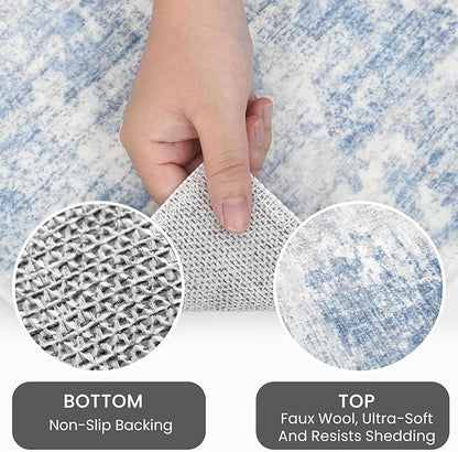 IOHOUZE Abstract Runner Rug 3x10 Ft Washable Runners for Hallways, Non Slip Kitchen Runner Printed Faux Wool Entryway Runner Indoor, Modern Abstract Floor Carpet for Hall Bedroom, Light Blue White