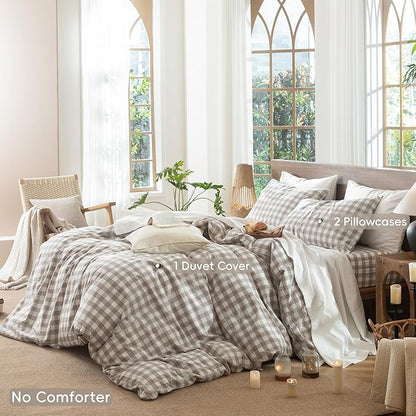 MooMee Gingham Duvet Cover Set 100% Washed Cotton Linen Like Textured Breathable Durable Soft Comfy Modern Checkered Design (Buffalo Plaid Tannish Linen Grey, Full 80"x90")