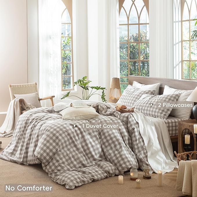 MooMee Gingham Duvet Cover Set 100% Washed Cotton Linen Like Textured Breathable Durable Soft Comfy Modern Checkered Design (Buffalo Plaid Tannish Linen Grey, Queen 90"x90")
