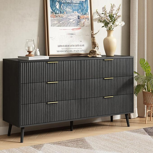 CARPETNAL Fluted 6 Drawer Dresser for Bedroom, 55" Wide Wooden Chest of Drawers with Rounded Corners, Gold Handles, Modern Storage Organizer for Bedroom, Hallway(Black)