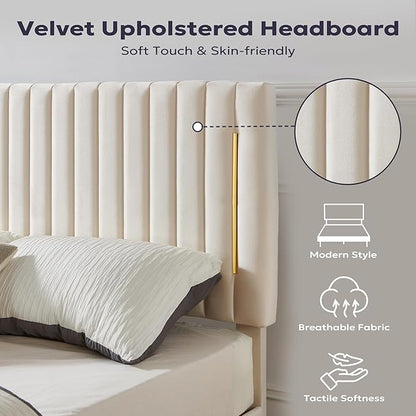 King Platform Bed Frame, Velvet Upholstered Bedframe with Vertical Channel Adjustable Headboard, Golden Plating Trim, Mattress Foundation with Wooden Slats, No Box Spring Needed, Beige