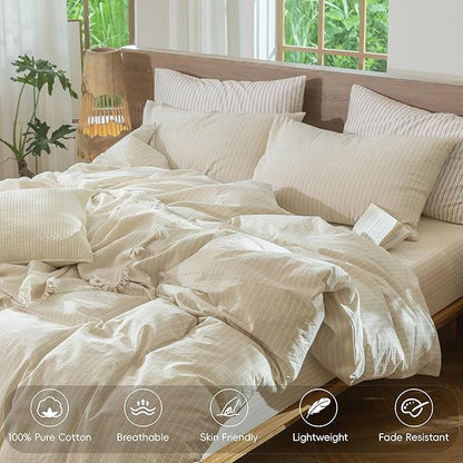 MooMee Striped Duvet Cover Set 100% Washed Cotton Linen Like Textured Breathable Durable Soft Comfy (Almond Milk Grey White Wide Stripes, Super Queen 90"x98")
