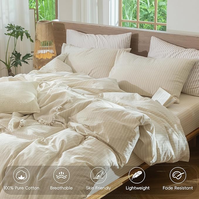 MooMee Striped Duvet Cover Set 100% Washed Cotton Linen Like Textured Breathable Durable Soft Comfy (Almond Milk Grey White Wide Stripes, Queen 90"x90")