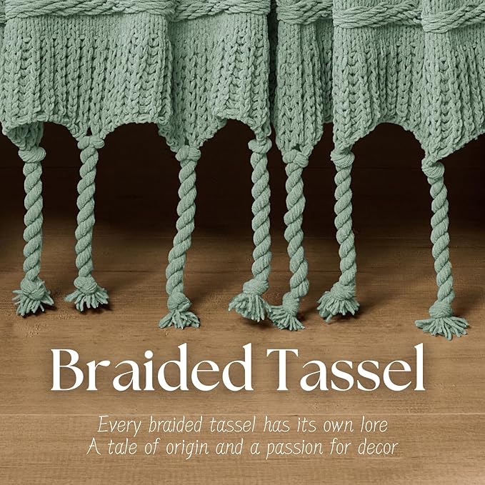 Boho Knitted Chenille Blanket with Tassels - Lightweight & Soft All-Season Throw - 3D Classic Pattern for Living Room Bedroom Couch, Sage Green, King 90"x108"