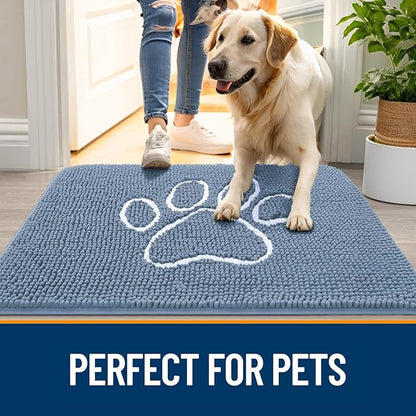 OLANLY Dog Door Mat for Muddy Paws 24x16, Paw Print Design, Absorbs Moisture and Dirt, Non-Slip Washable Doormat, Quick Dry Chenille Mud Mat, Entry Indoor Entryway Carpet, Airy Blue and White