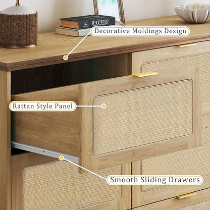 9 Drawer Dresser for Bedroom, 60 Inch Long Dressers & Rattan Chest of Drawers, Large TV Stand for 55, 65, 70 Inch TV, Boho Style, Modern Dresser for, Living Room, Entryway, Bedroom, Natural Oak